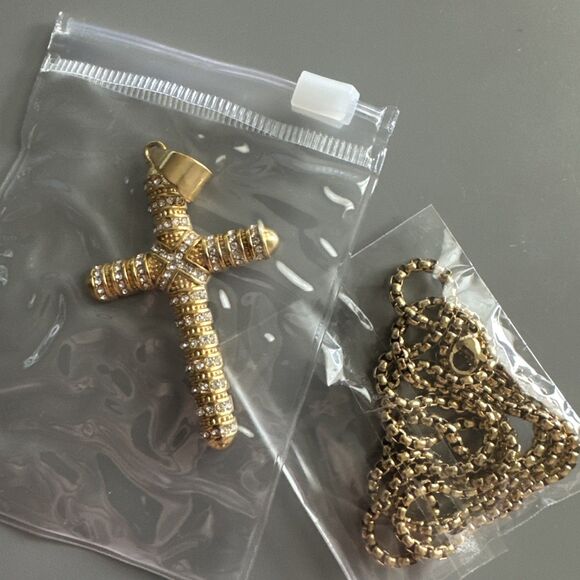 Cross Pendant Stainless Steel Cubic Zirconia 24” Chain Necklace Hip Hop Gold Men - Picture 6 of 6